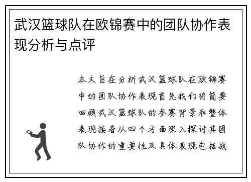 武汉篮球队在欧锦赛中的团队协作表现分析与点评